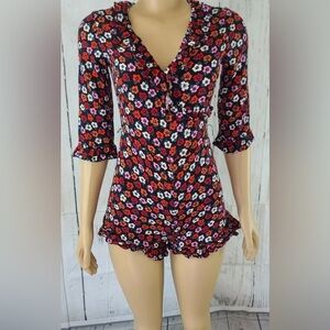 Topshop Women Black Floral Printed Short  Romper Playsuit Size Petite 2
